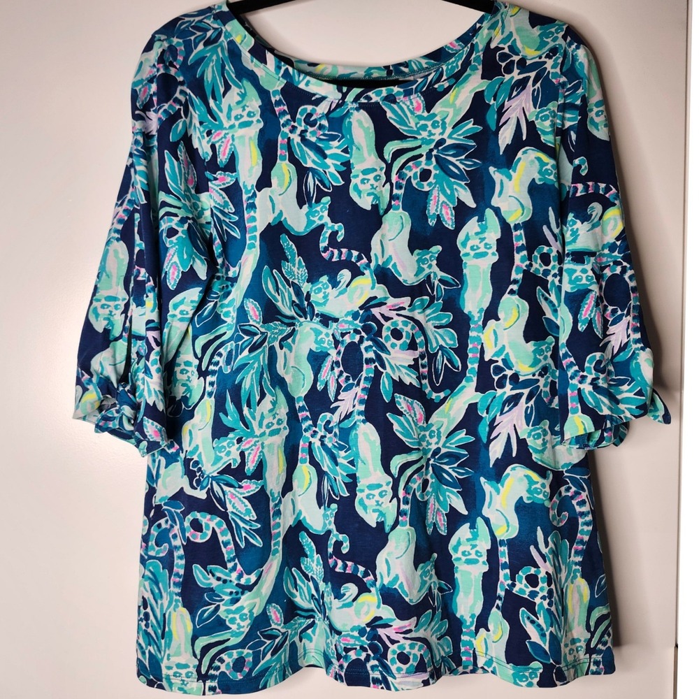 Lilly Pulitzer Preston Top Blue Lemur Print Pima Cotton 3/4 Sleeve Large Preppy